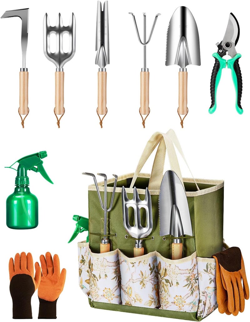 Wevelel 9-Piece Premium Gardening Tool Set for Women - Heavy Duty Stainless Steel Rust-Proof Tools with Fashion Storage Tote | Perfect Gardening Gifts for Mom, Mother's Day, Birthday & Outdoor (Green) - Image 1